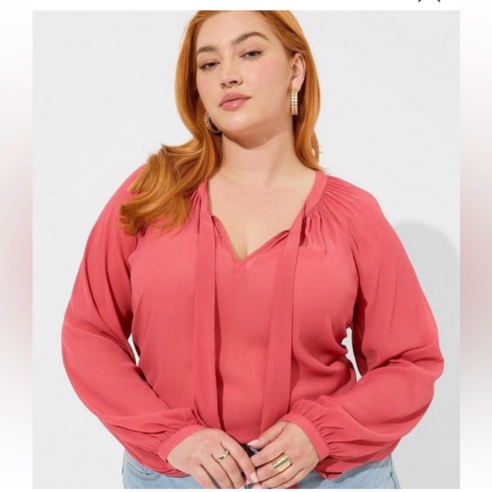 Torrid Coral Crepe Long Sleeve Blouse with Tie Neck – Plus Size 3x